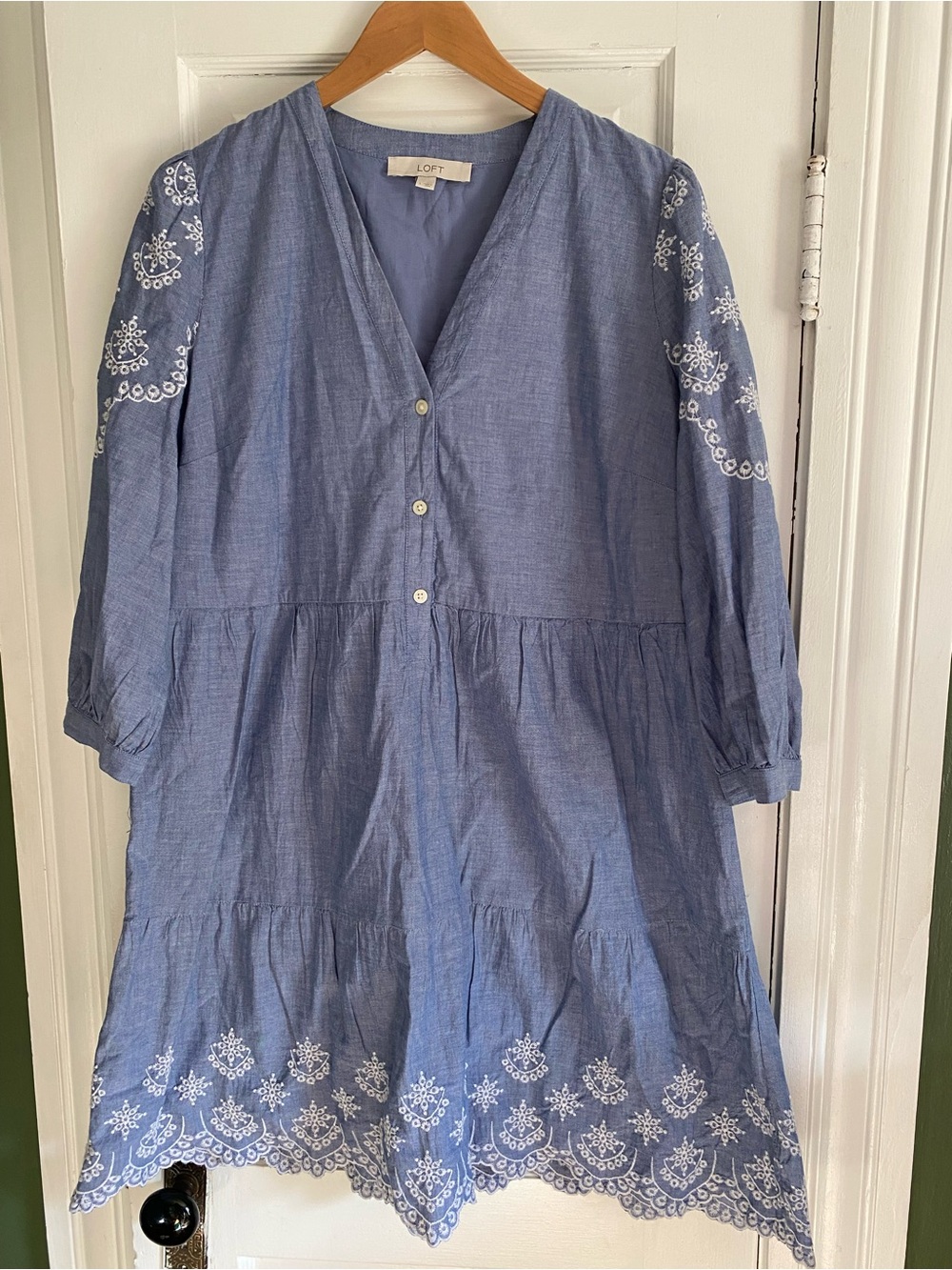 LOFT Chambray Blue Embroidered Tiered V-Neck Dress